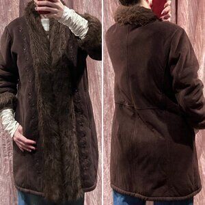 Vtg 90s Y2K Penny Lane Faux Fur Suede Shearling Embroidered Coat Pockets M L